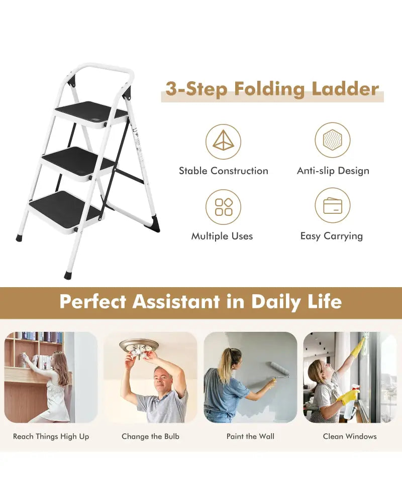 Folding 3-Step Ladder with Handgrip and Anti-Slip Platform - White - Ladders
