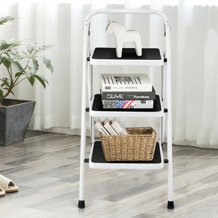 Folding 3-Step Ladder with Handgrip and Anti-Slip Platform - White - Ladders