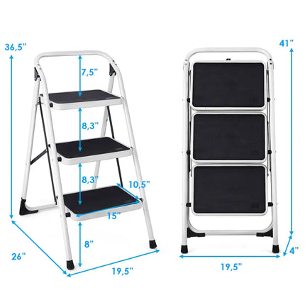 Folding 3-Step Ladder with Handgrip and Anti-Slip Platform - White - Ladders