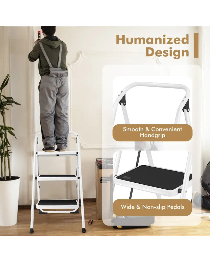 Folding 3-Step Ladder with Handgrip and Anti-Slip Platform - White - Ladders