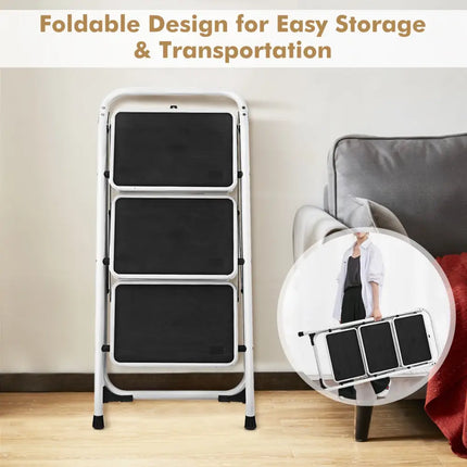 Folding 3-Step Ladder with Handgrip and Anti-Slip Platform - White - Ladders