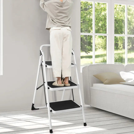 Folding 3-Step Ladder with Handgrip and Anti-Slip Platform - White - Ladders