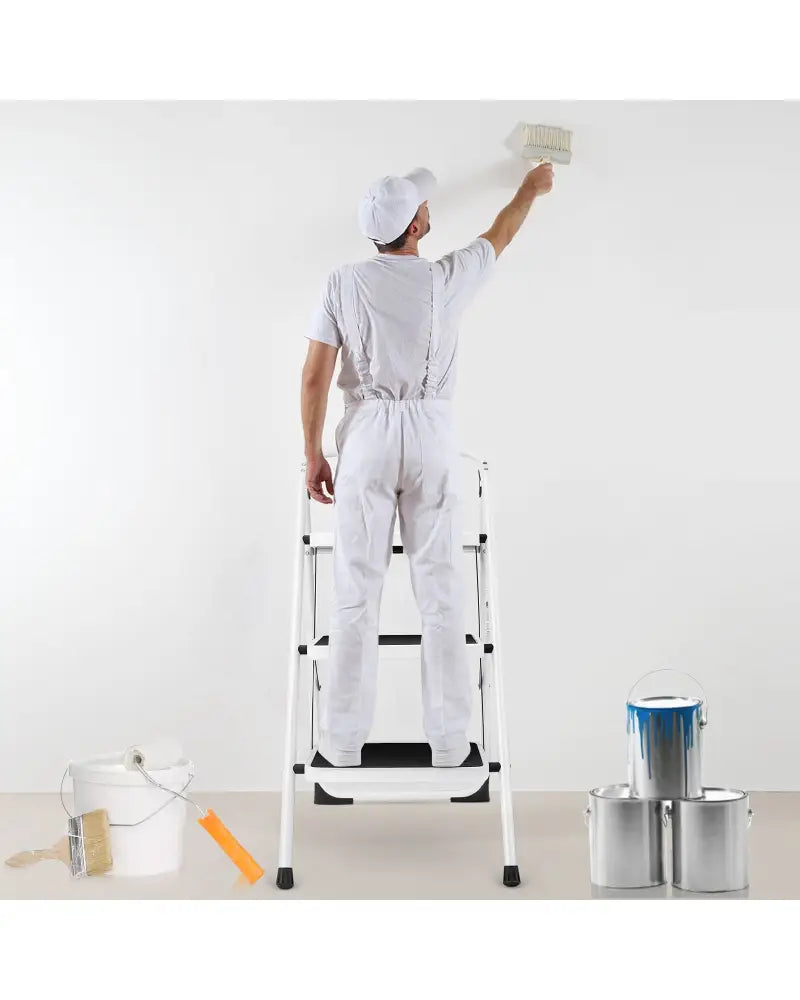 Folding 3-Step Ladder with Handgrip and Anti-Slip Platform - White - Ladders