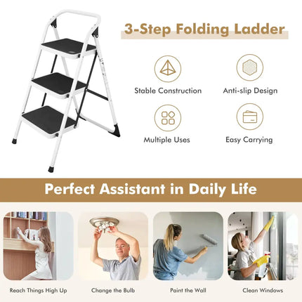 Folding 3-Step Ladder with Handgrip and Anti-Slip Platform - White - Ladders