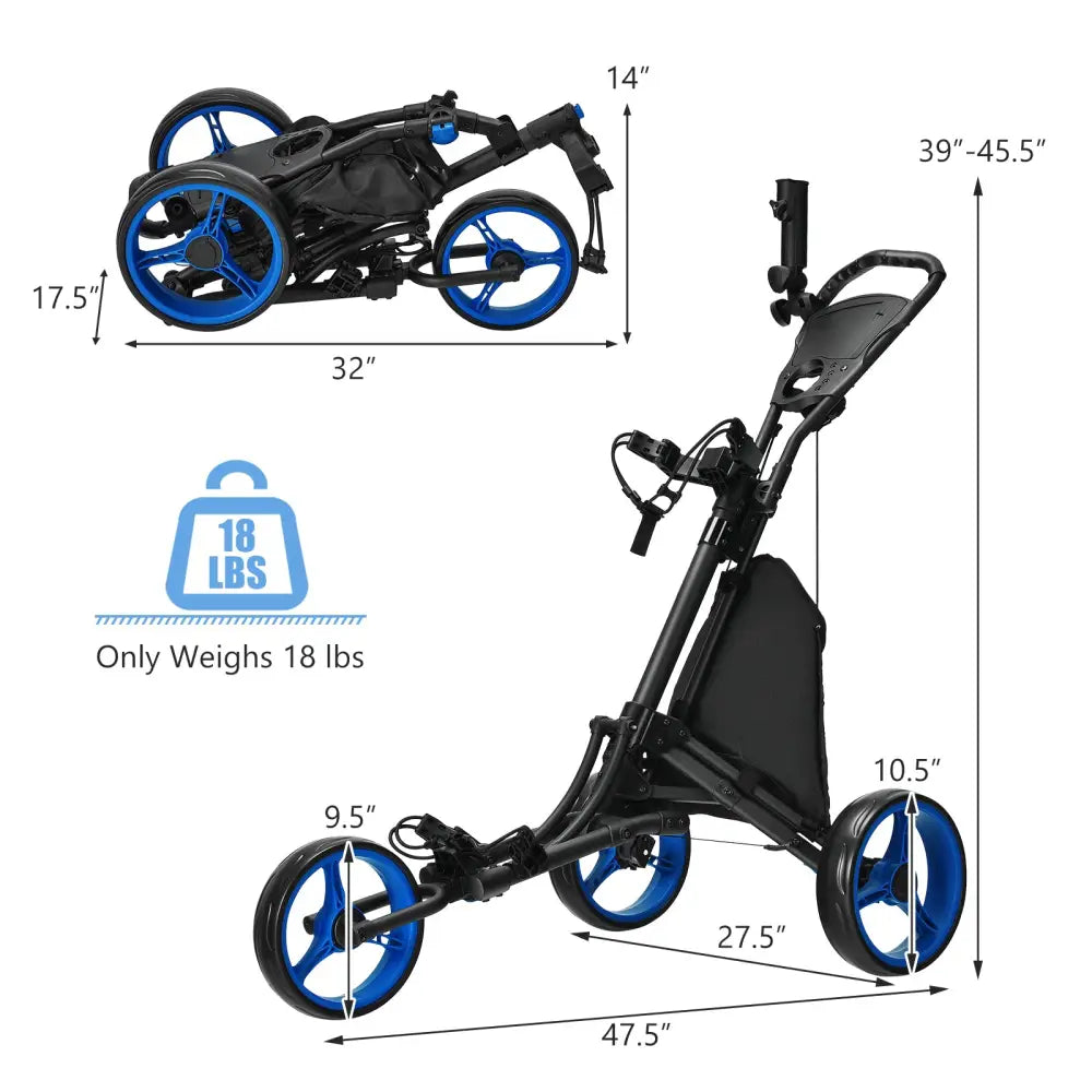Folding 3 Wheels Golf Push Cart with Bag Scoreboard Adjustable Handle-Blue - Blue - Golf