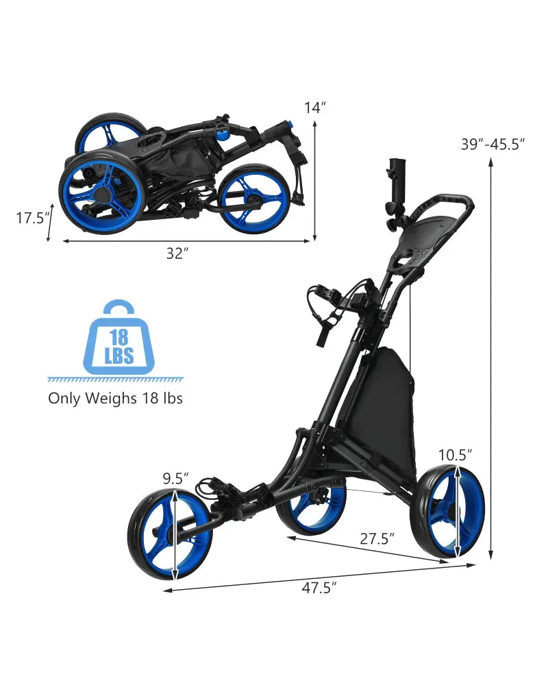 Folding 3 Wheels Golf Push Cart with Bag Scoreboard Adjustable Handle-Blue - Blue - Golf