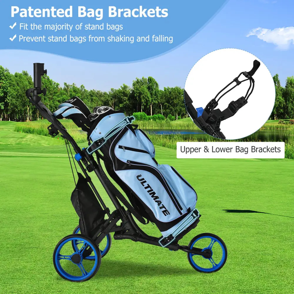 Folding 3 Wheels Golf Push Cart with Bag Scoreboard Adjustable Handle-Blue - Blue - Golf