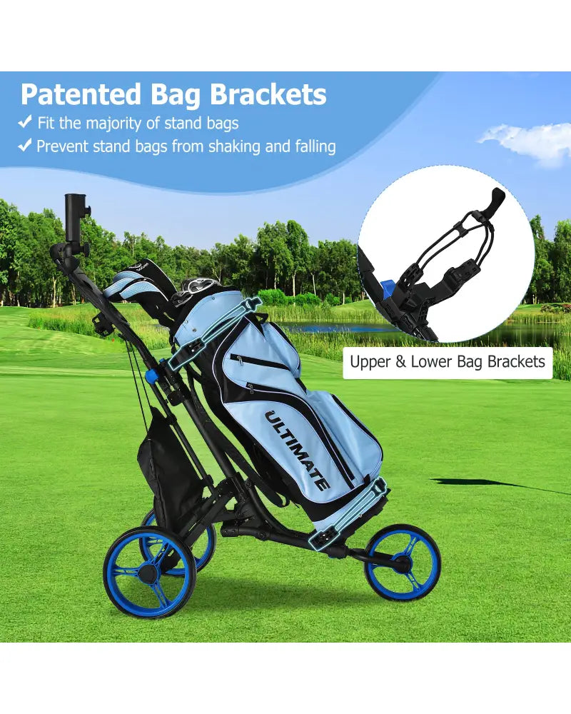 Folding 3 Wheels Golf Push Cart with Bag Scoreboard Adjustable Handle-Blue - Blue - Golf