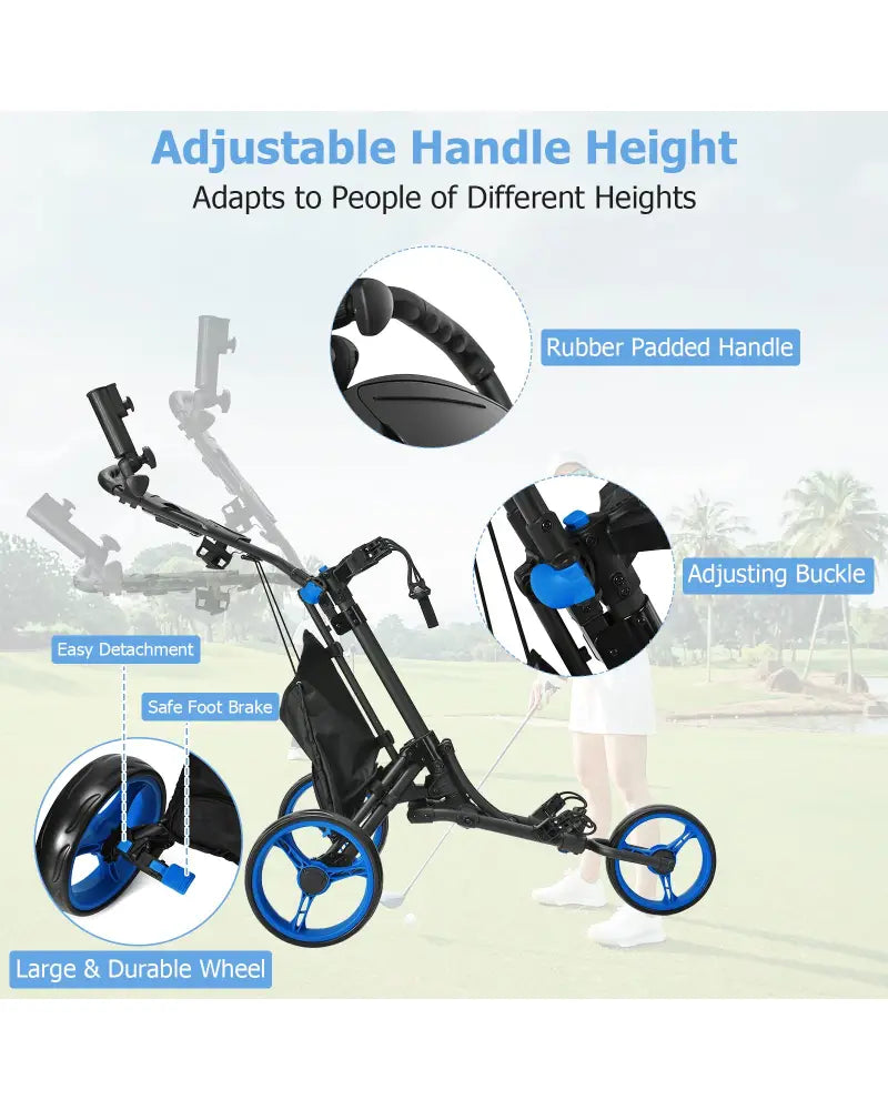 Folding 3 Wheels Golf Push Cart with Bag Scoreboard Adjustable Handle-Blue - Blue - Golf