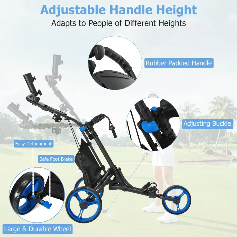 Folding 3 Wheels Golf Push Cart with Bag Scoreboard Adjustable Handle-Blue - Blue - Golf