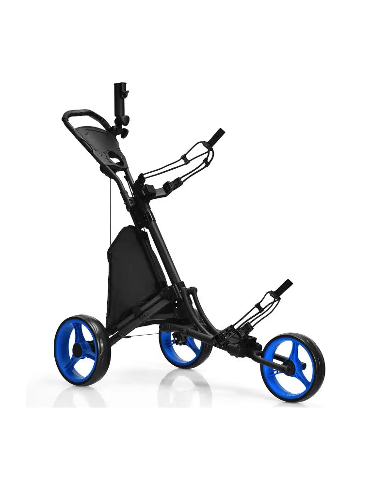 Folding 3 Wheels Golf Push Cart with Bag Scoreboard Adjustable Handle-Blue - Blue - Golf