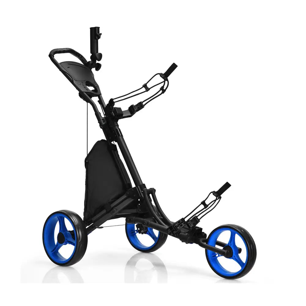 Folding 3 Wheels Golf Push Cart with Bag Scoreboard Adjustable Handle-Blue - Blue - Golf