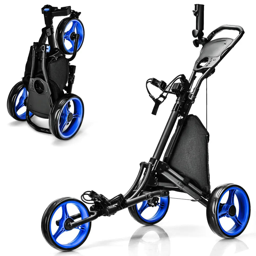 Folding 3 Wheels Golf Push Cart with Bag Scoreboard Adjustable Handle-Blue - Blue - Golf