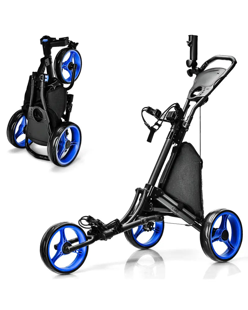 Folding 3 Wheels Golf Push Cart with Bag Scoreboard Adjustable Handle-Blue - Blue - Golf