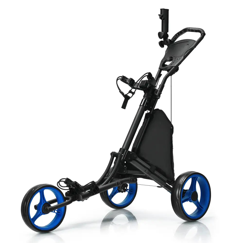 Folding 3 Wheels Golf Push Cart with Bag Scoreboard Adjustable Handle-Blue - Blue - Golf