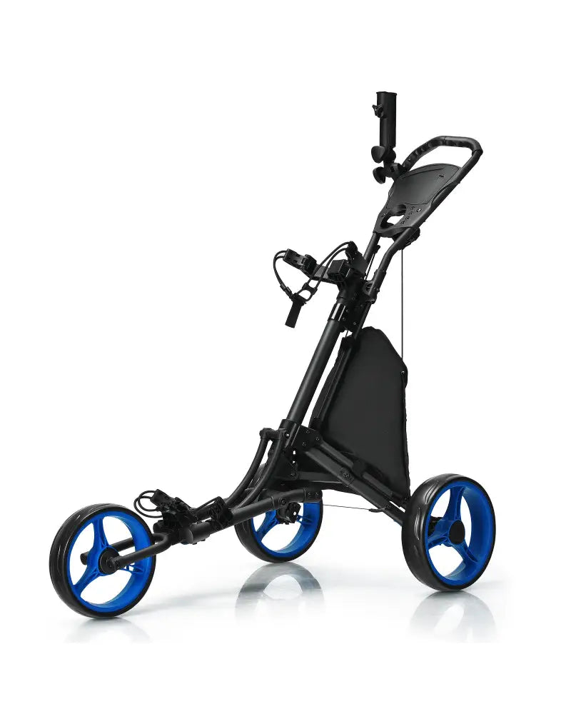 Folding 3 Wheels Golf Push Cart with Bag Scoreboard Adjustable Handle-Blue - Blue - Golf