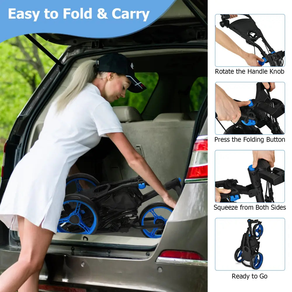 Folding 3 Wheels Golf Push Cart with Bag Scoreboard Adjustable Handle-Blue - Blue - Golf