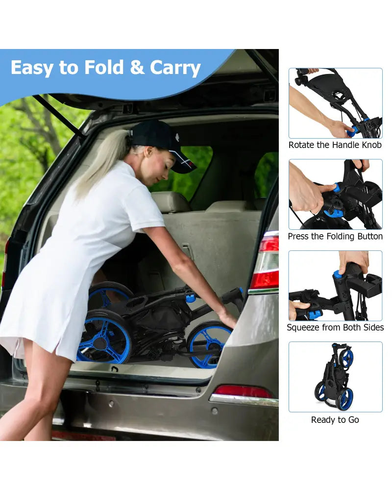Folding 3 Wheels Golf Push Cart with Bag Scoreboard Adjustable Handle-Blue - Blue - Golf