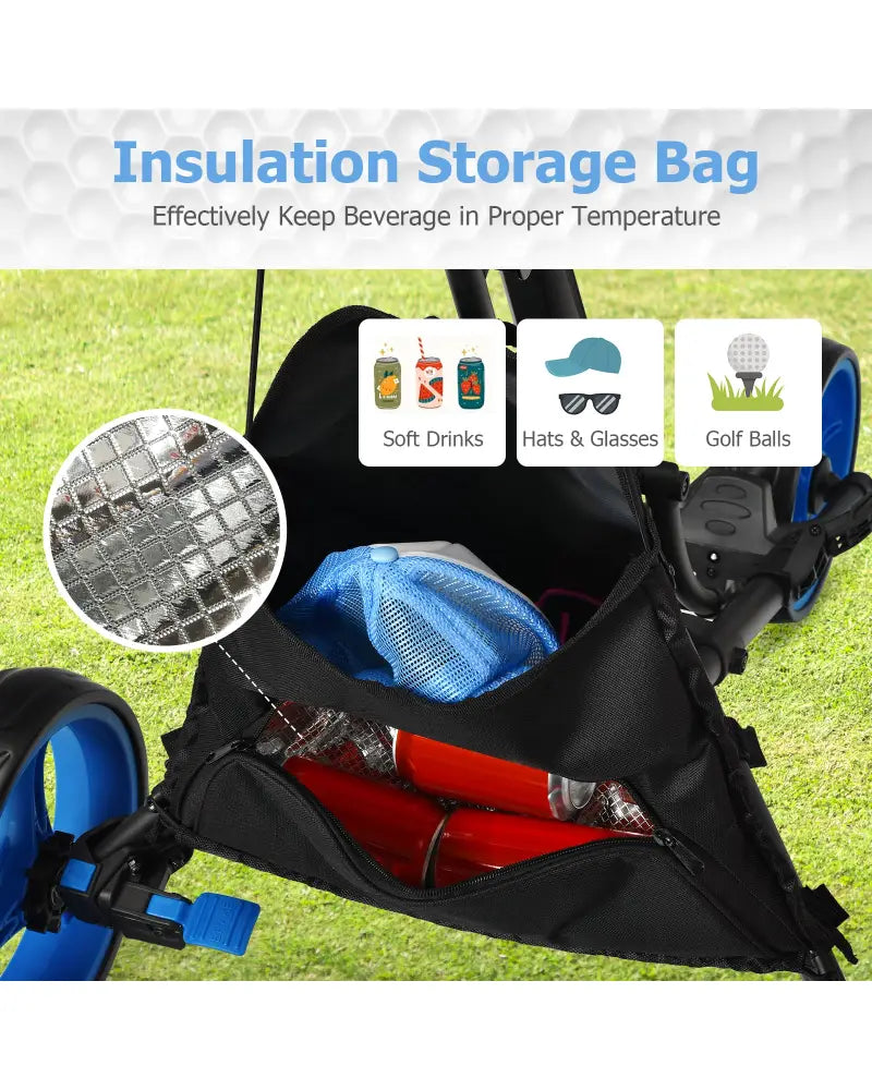 Folding 3 Wheels Golf Push Cart with Bag Scoreboard Adjustable Handle-Blue - Blue - Golf