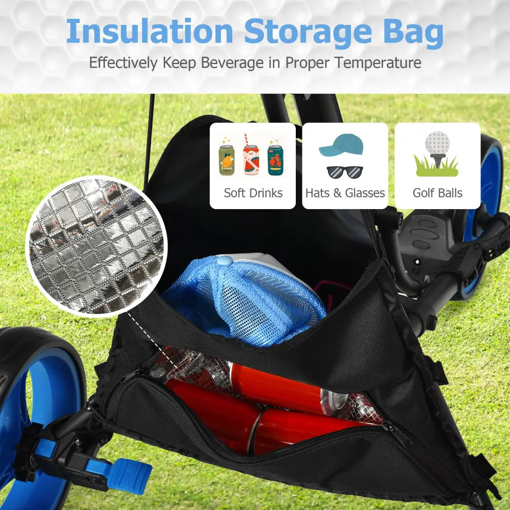 Folding 3 Wheels Golf Push Cart with Bag Scoreboard Adjustable Handle-Blue - Blue - Golf