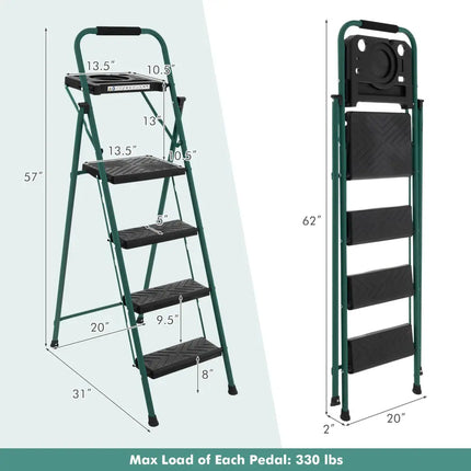 Folding 4-Step Ladder with Tool Tray Non-Slip Footpads and Pedals - Black - Ladders