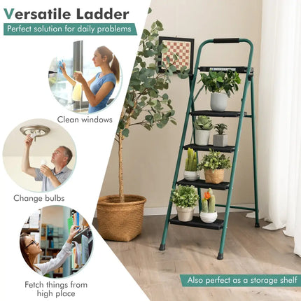 Folding 4-Step Ladder with Tool Tray Non-Slip Footpads and Pedals - Black - Ladders