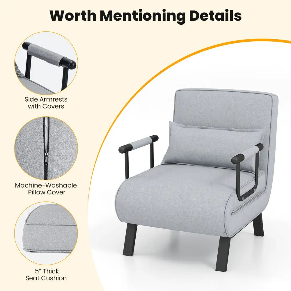 Folding 6 Position Convertible Sleeper Bed Armchair Lounge with Pillow-Light Gray - Light Gray - Accent Chairs