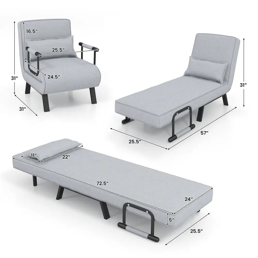 Folding 6 Position Convertible Sleeper Bed Armchair Lounge with Pillow-Light Gray - Light Gray - Accent Chairs