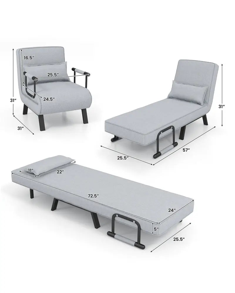 Folding 6 Position Convertible Sleeper Bed Armchair Lounge with Pillow-Light Gray - Light Gray - Accent Chairs