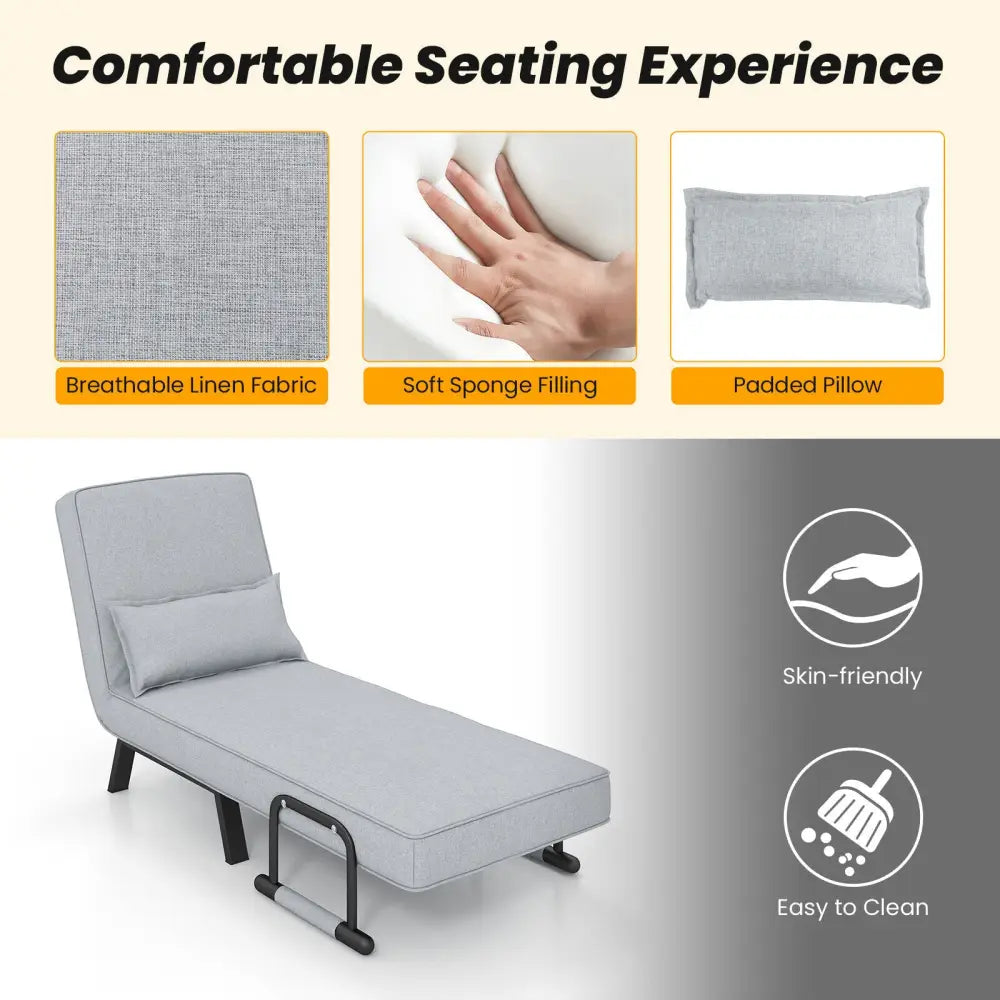 Folding 6 Position Convertible Sleeper Bed Armchair Lounge with Pillow-Light Gray - Light Gray - Accent Chairs