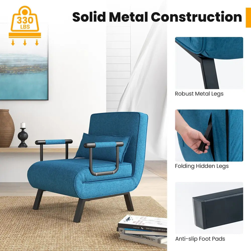 Folding 6 Position Convertible Sleeper Bed Armchair Lounge Couch with Pillow-Blue - Blue - Accent Chairs