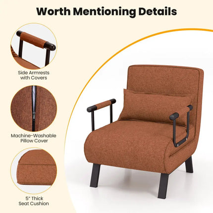 Folding 6 Position Convertible Sleeper Bed Armchair Lounge Couch with Pillow-Coffee - Coffee - Accent Chairs