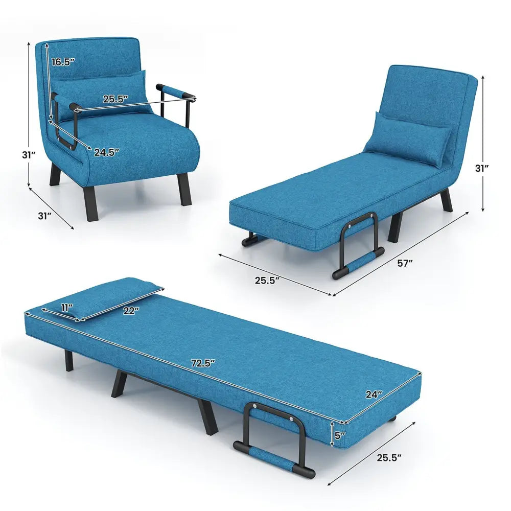 Folding 6 Position Convertible Sleeper Bed Armchair Lounge Couch with Pillow-Blue - Blue - Accent Chairs