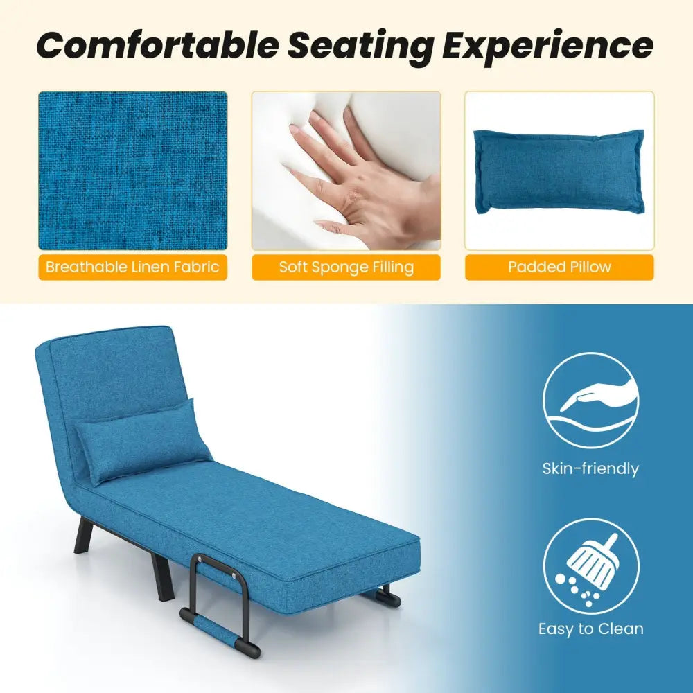 Folding 6 Position Convertible Sleeper Bed Armchair Lounge Couch with Pillow-Blue - Blue - Accent Chairs