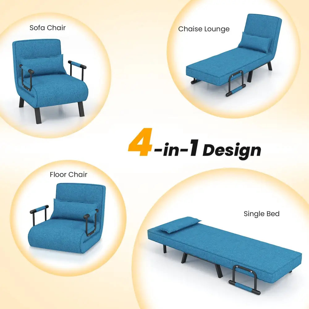 Folding 6 Position Convertible Sleeper Bed Armchair Lounge Couch with Pillow-Blue - Blue - Accent Chairs