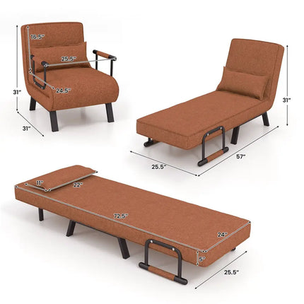 Folding 6 Position Convertible Sleeper Bed Armchair Lounge Couch with Pillow-Coffee - Coffee - Accent Chairs