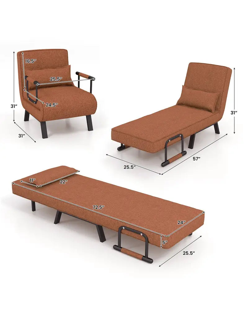 Folding 6 Position Convertible Sleeper Bed Armchair Lounge Couch with Pillow-Coffee - Coffee - Accent Chairs