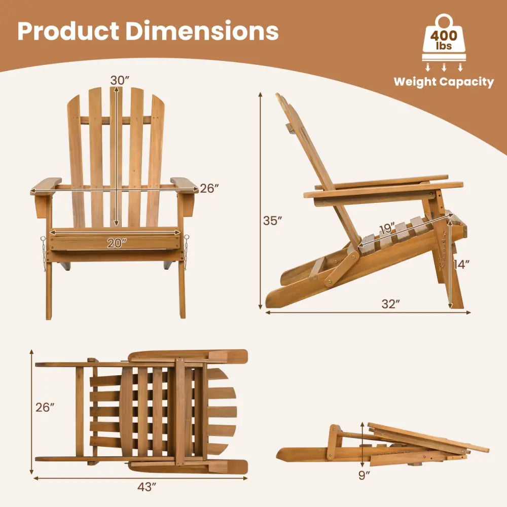 Folding Acacia Wood Oversized Adirondack Chair - Natural - Adirondack Chairs