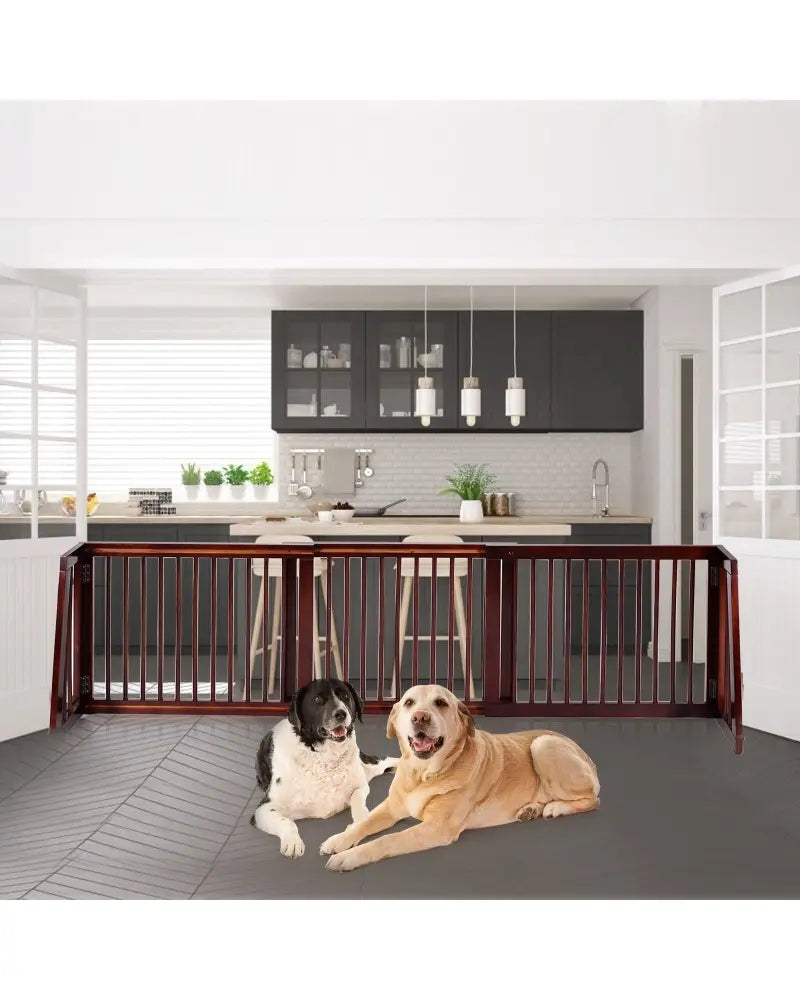 Folding Adjustable Free Standing 3 Panel Wood Fence-Brown - Brown - Pet Gate