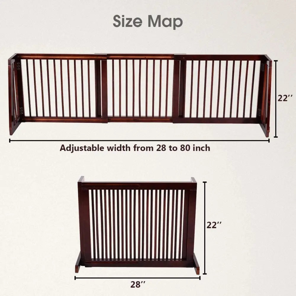 Folding Adjustable Free Standing 3 Panel Wood Fence-Brown - Brown - Pet Gate