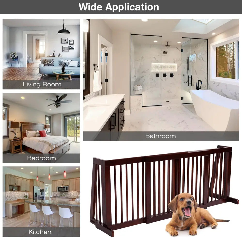 Folding Adjustable Free Standing 3 Panel Wood Fence-Brown - Brown - Pet Gate