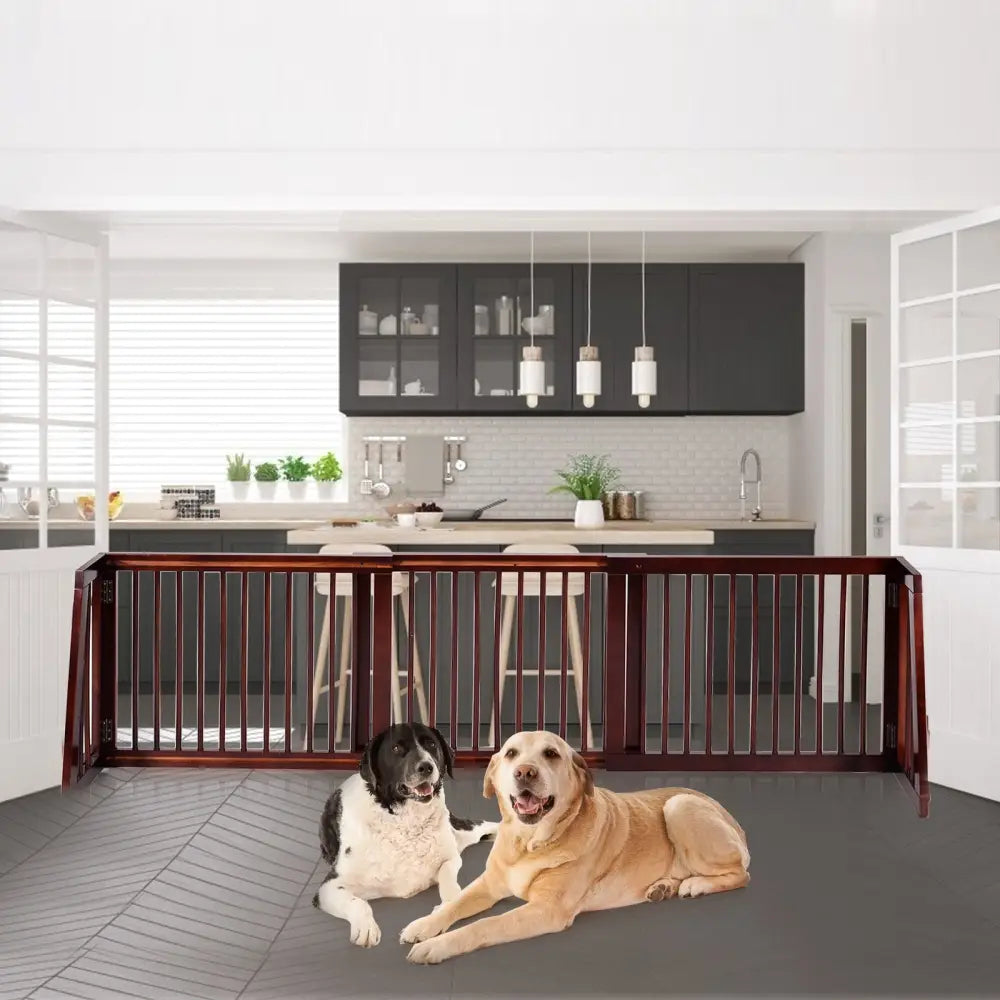 Folding Adjustable Free Standing 3 Panel Wood Fence-Brown - Brown - Pet Gate