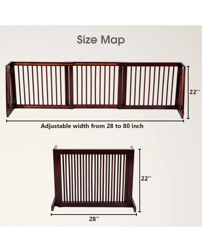 Folding Adjustable Free Standing 3 Panel Wood Fence-Brown - Brown - Pet Gate