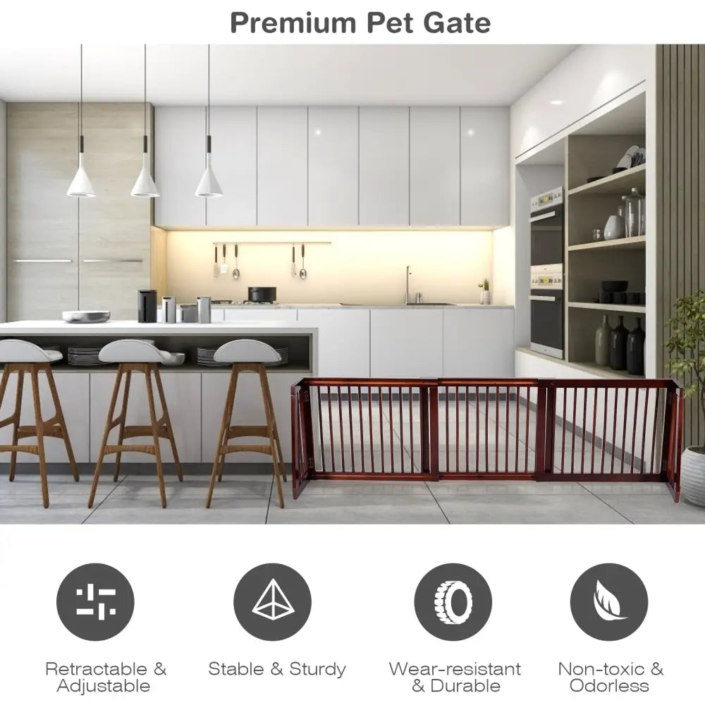 Folding Adjustable Free Standing 3 Panel Wood Fence-Brown - Brown - Pet Gate