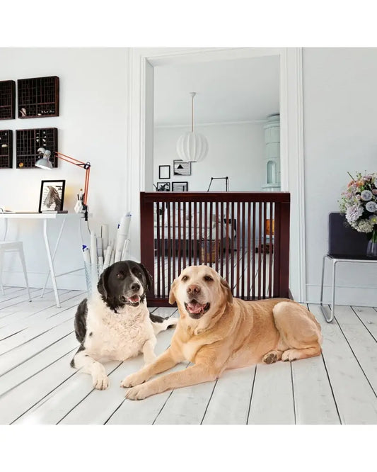Folding Adjustable Free Standing 3 Panel Wood Fence-Brown - Brown - Pet Gate