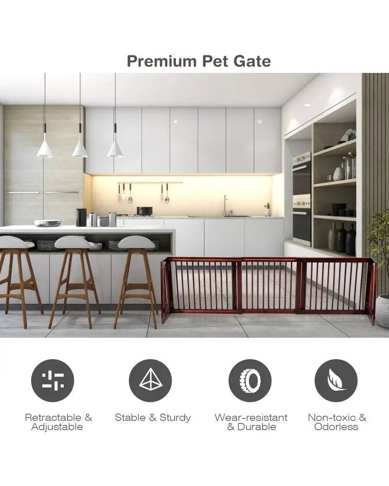 Folding Adjustable Free Standing 3 Panel Wood Fence-Brown - Brown - Pet Gate