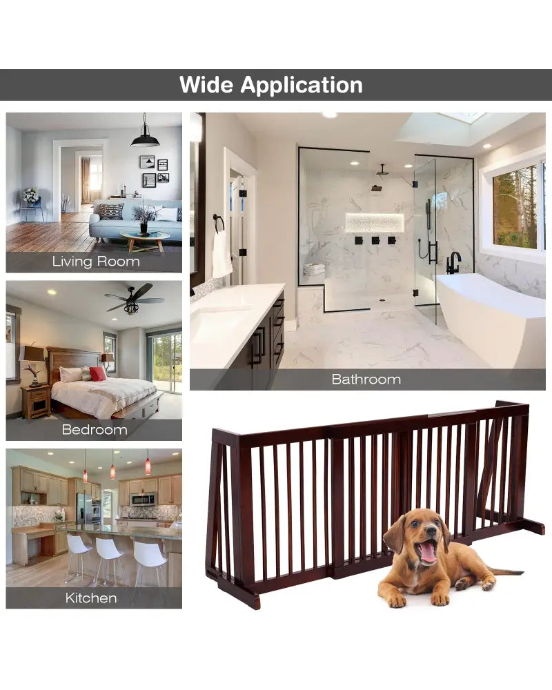 Folding Adjustable Free Standing 3 Panel Wood Fence-Brown - Brown - Pet Gate