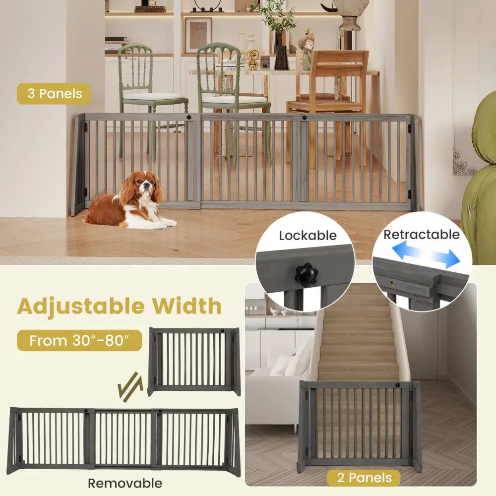 Folding Adjustable Free Standing 3 Panel Wood Fence for Dogs-Gray - Gray - Pet Gate