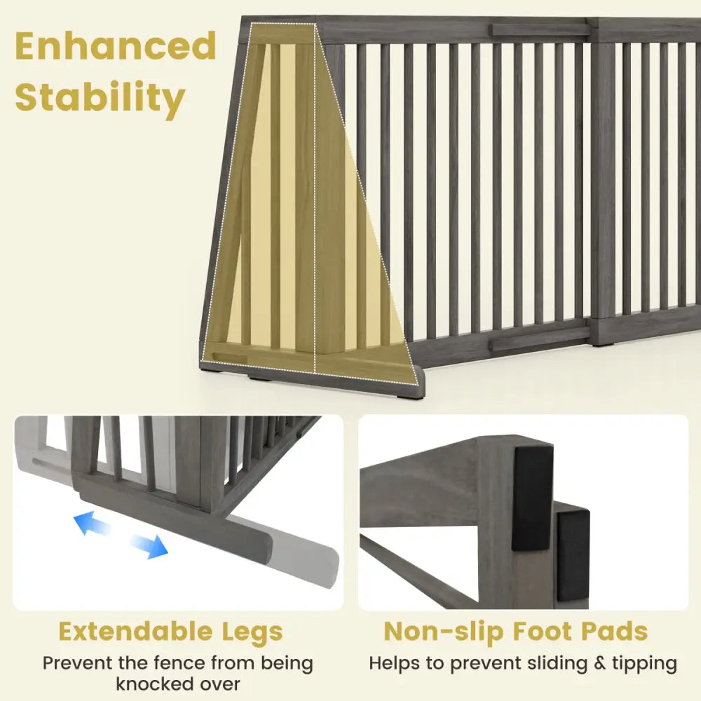 Folding Adjustable Free Standing 3 Panel Wood Fence for Dogs-Gray - Gray - Pet Gate