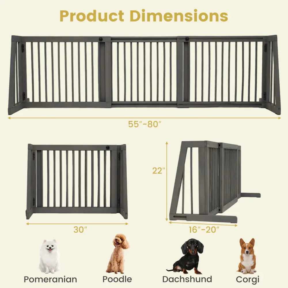 Folding Adjustable Free Standing 3 Panel Wood Fence for Dogs-Gray - Gray - Pet Gate